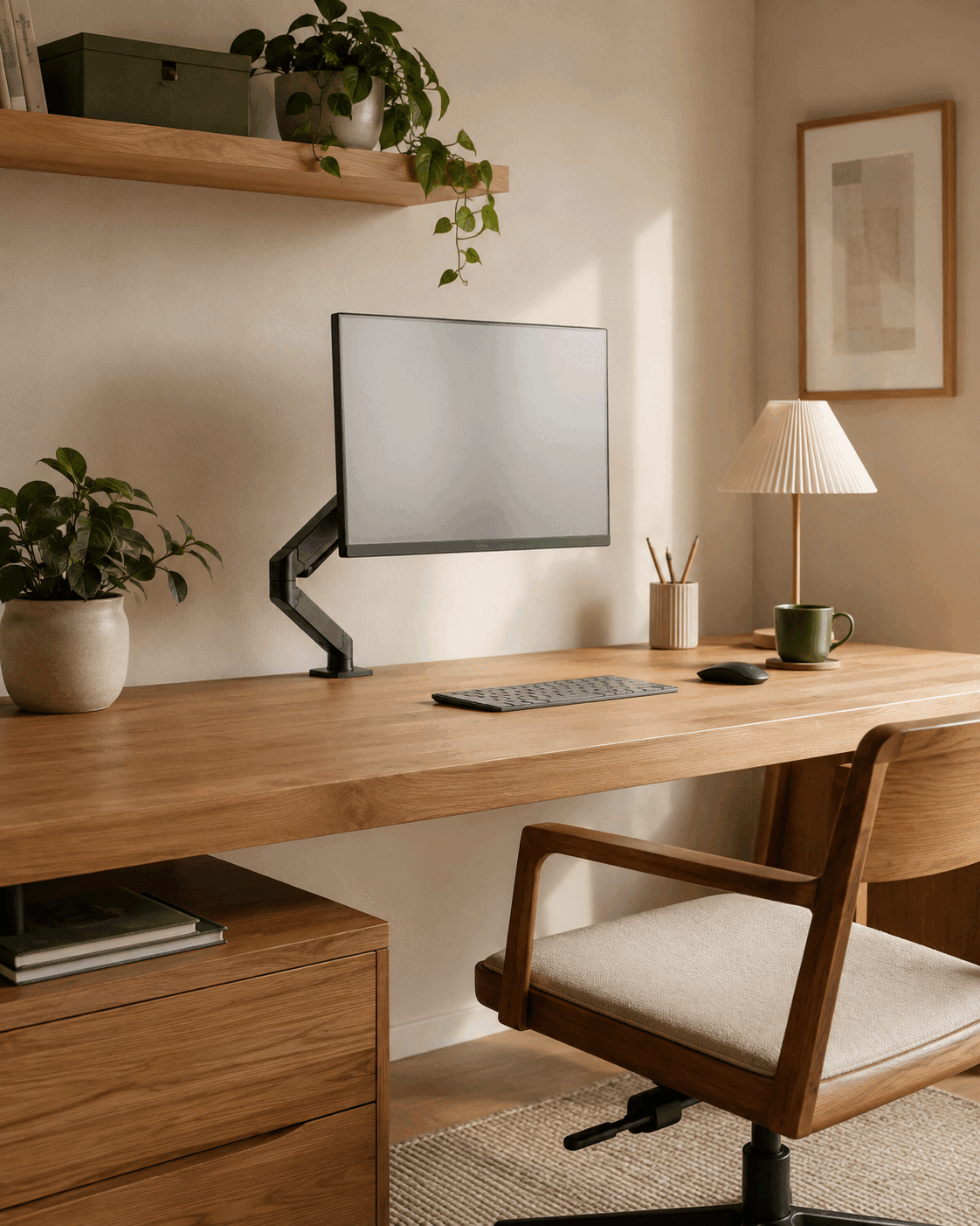 An organised home office desk with a clear work surface